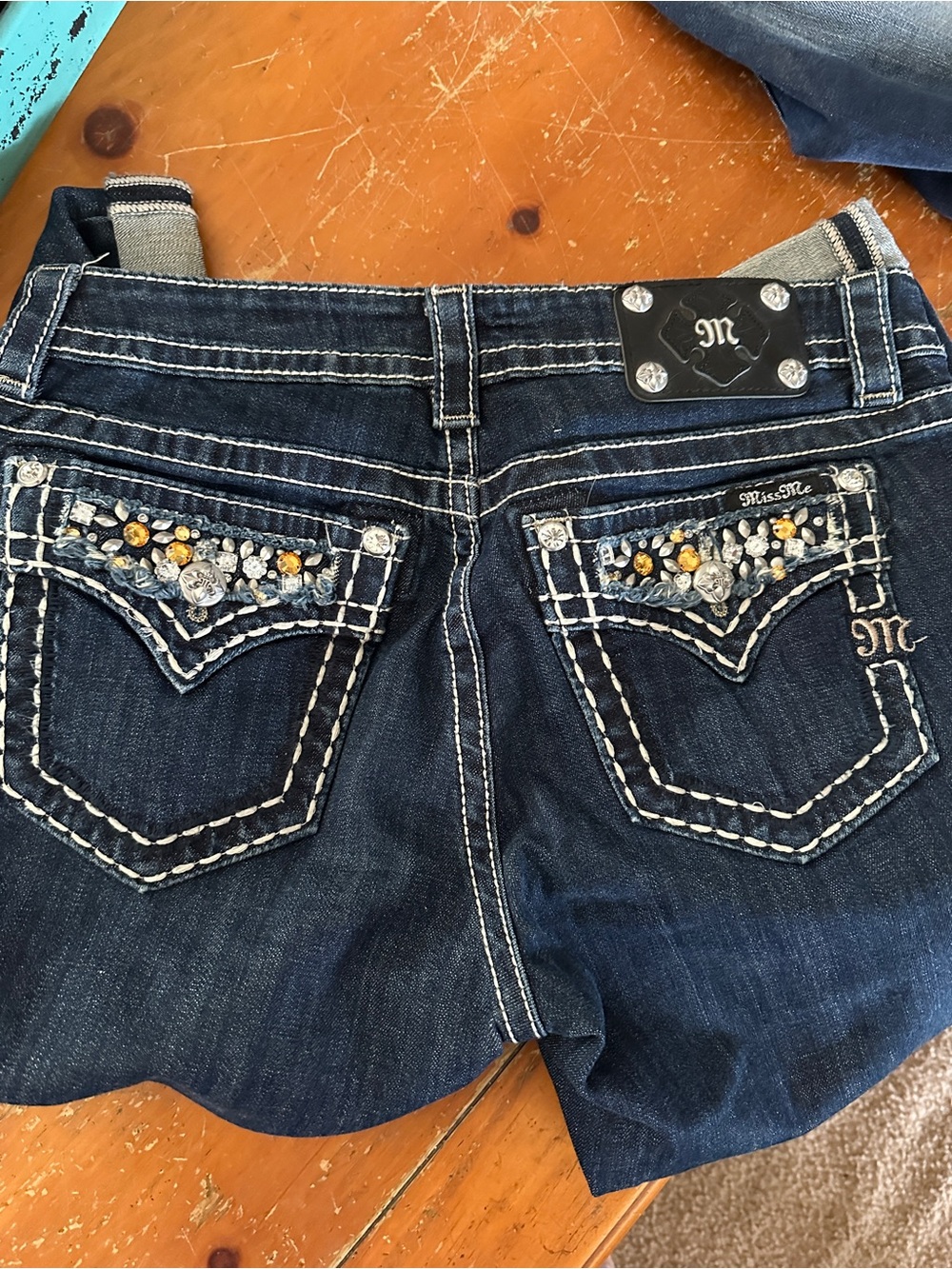Miss Me Dark Blue Denim Jeans with Rhinestone & Amber Accents